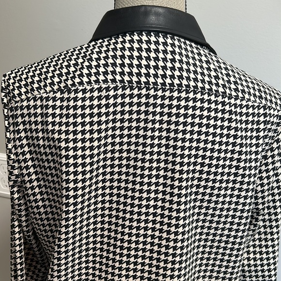 Lauren Ralph Lauren M Long Sleeve B/W Houndstooth Blouse w/ Vegan Leather Trim - Picture 8 of 11